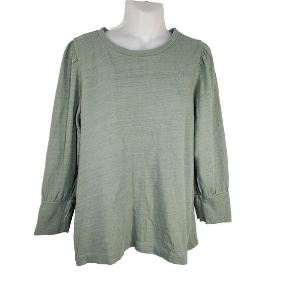 Loft Womens Top Size Large Puff Shoulder Green 3/4 Sleeve Crew Neck Cotton - Picture 1 of 9